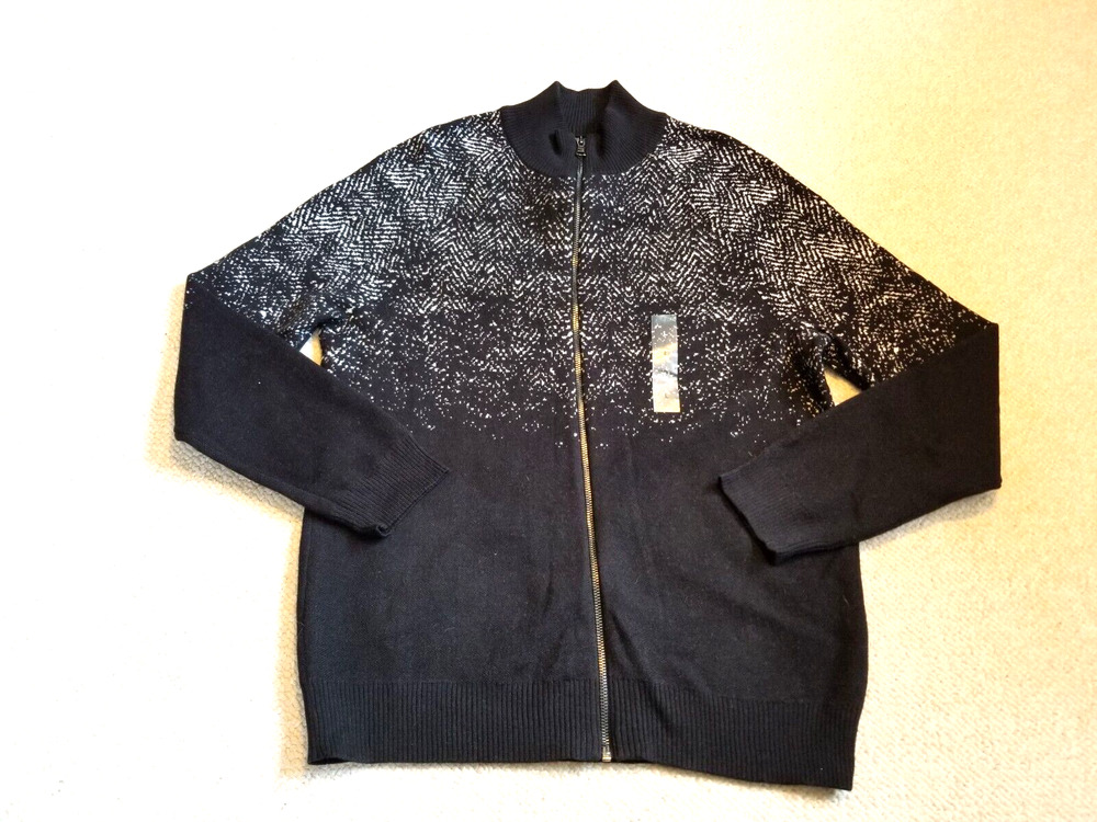 NWT Mens Sweater-INC-black/off-white 100% cotton full zipper cardigan ls-L
